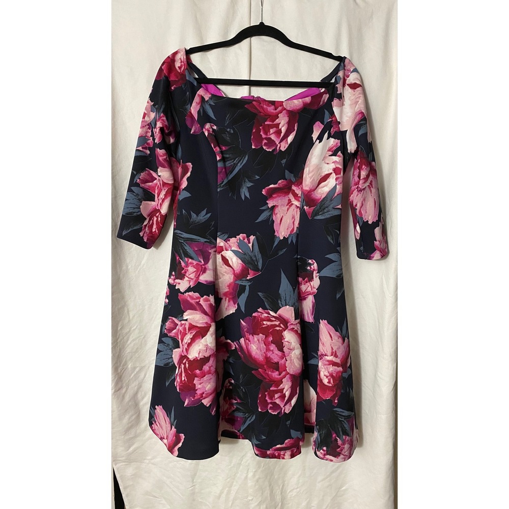 Vince Camuto Floral Fit and Flare Dress Navy Pink Wedding Guest Size 14